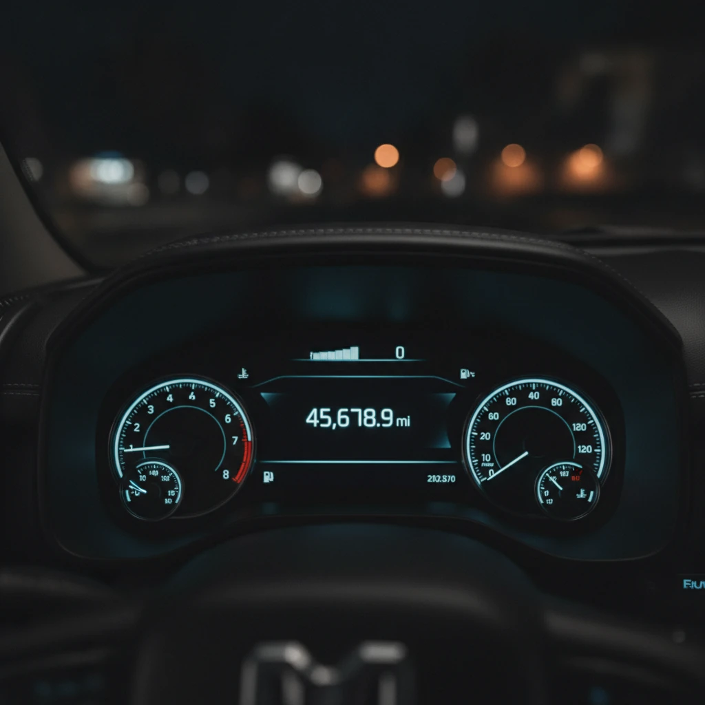 close up of a pickup truck digital instrument cluster showing an odometer reading