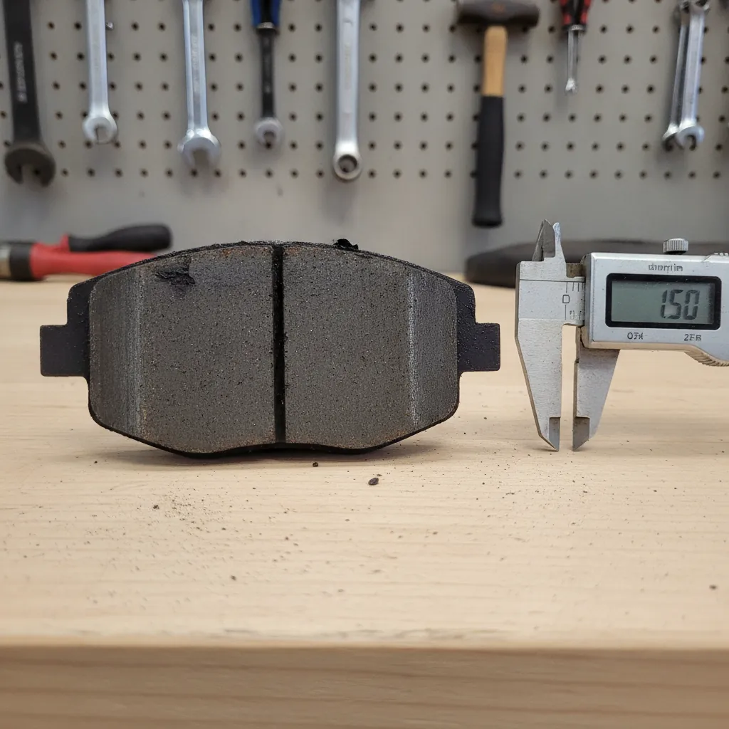 a worn brake pad on a workbench beside a measuring tool