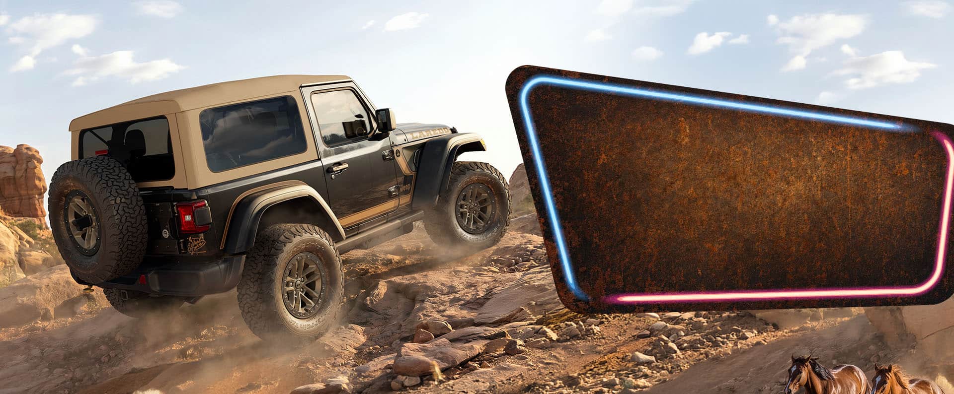 2027 Jeep Wrangler Laredo climbing over rocks on 35 inch tires and bronze wheels