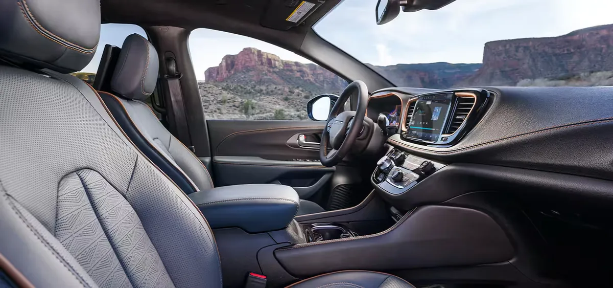 Refreshed 2027 Chrysler Pacifica interior with the updated dashboard and centre touchscreen