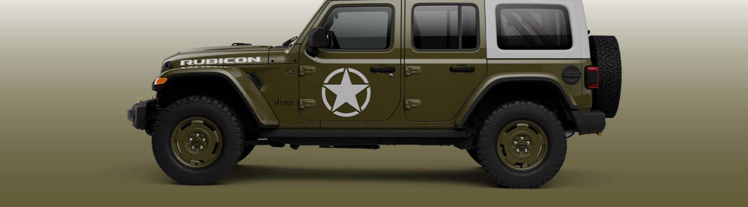 2027 Jeep Wrangler Sarge in 41 Green with the white military star, side profile