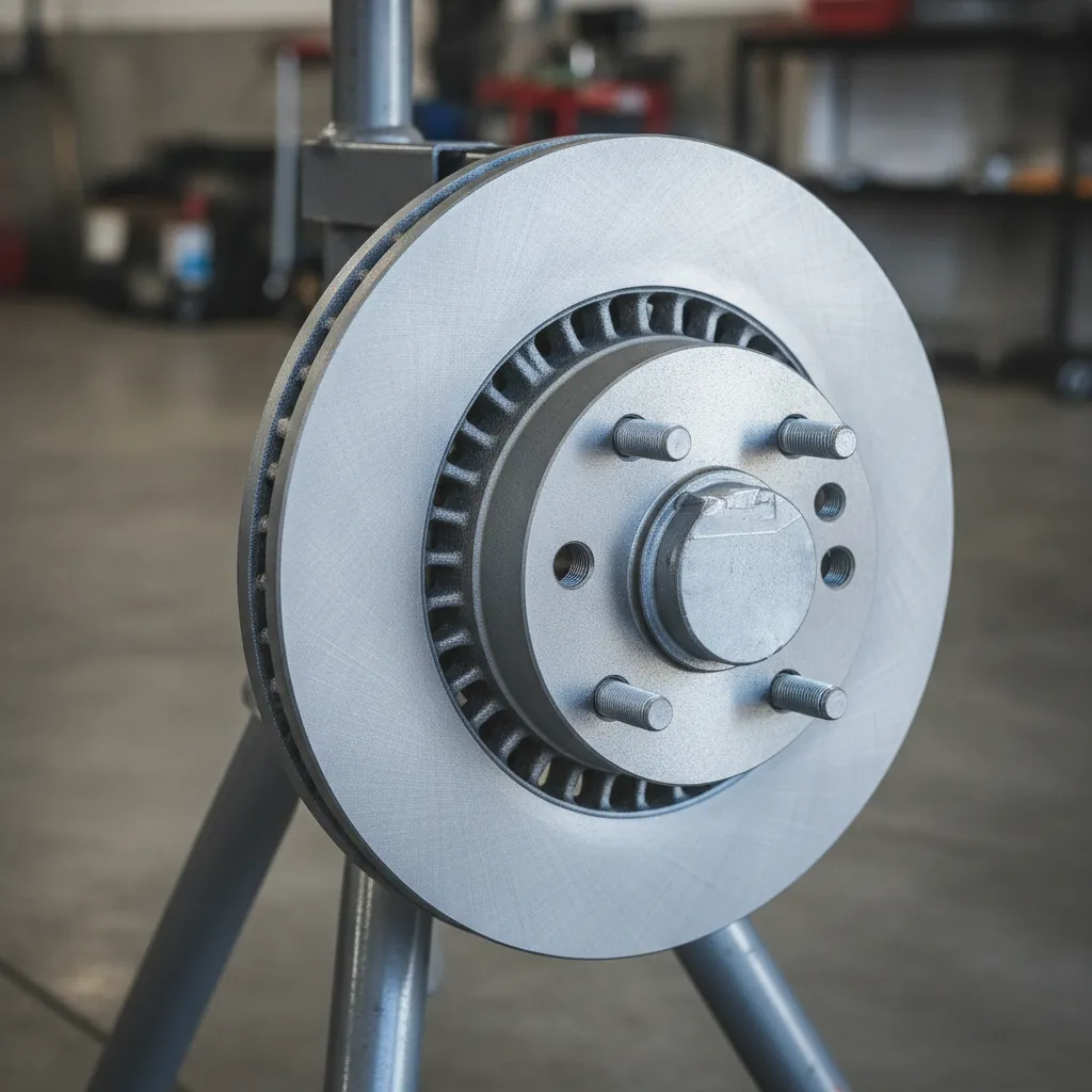 a truck brake rotor on a service stand under shop light