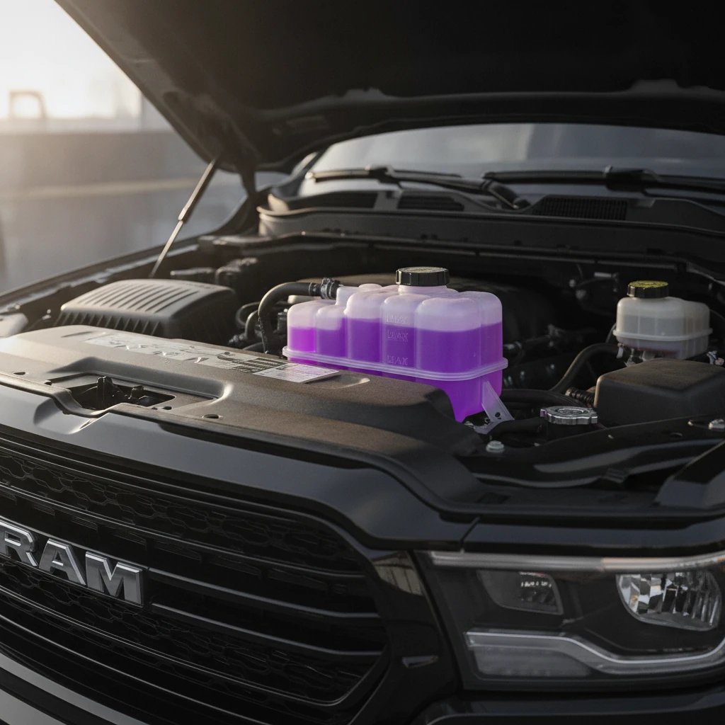 engine coolant overflow reservoir filled with purple coolant showing the level markings in a pickup engine bay