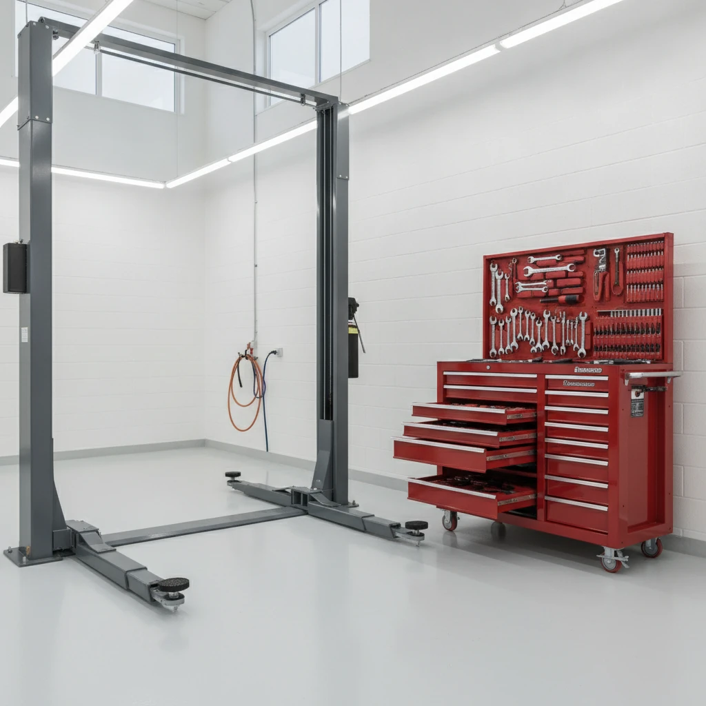clean empty service bay with a two post hoist and tool cabinet under bright shop lighting