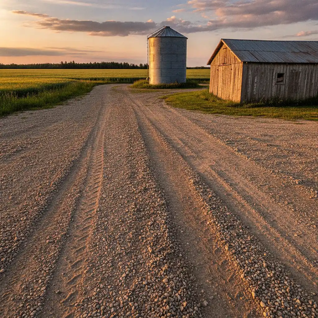 gravel farm yard approach with a grain bin and weathered shed in the distance on a summer evening