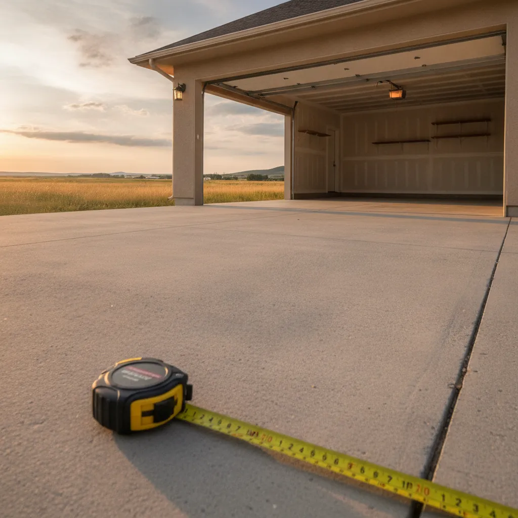 open residential garage door and empty driveway with a tape measure on the concrete