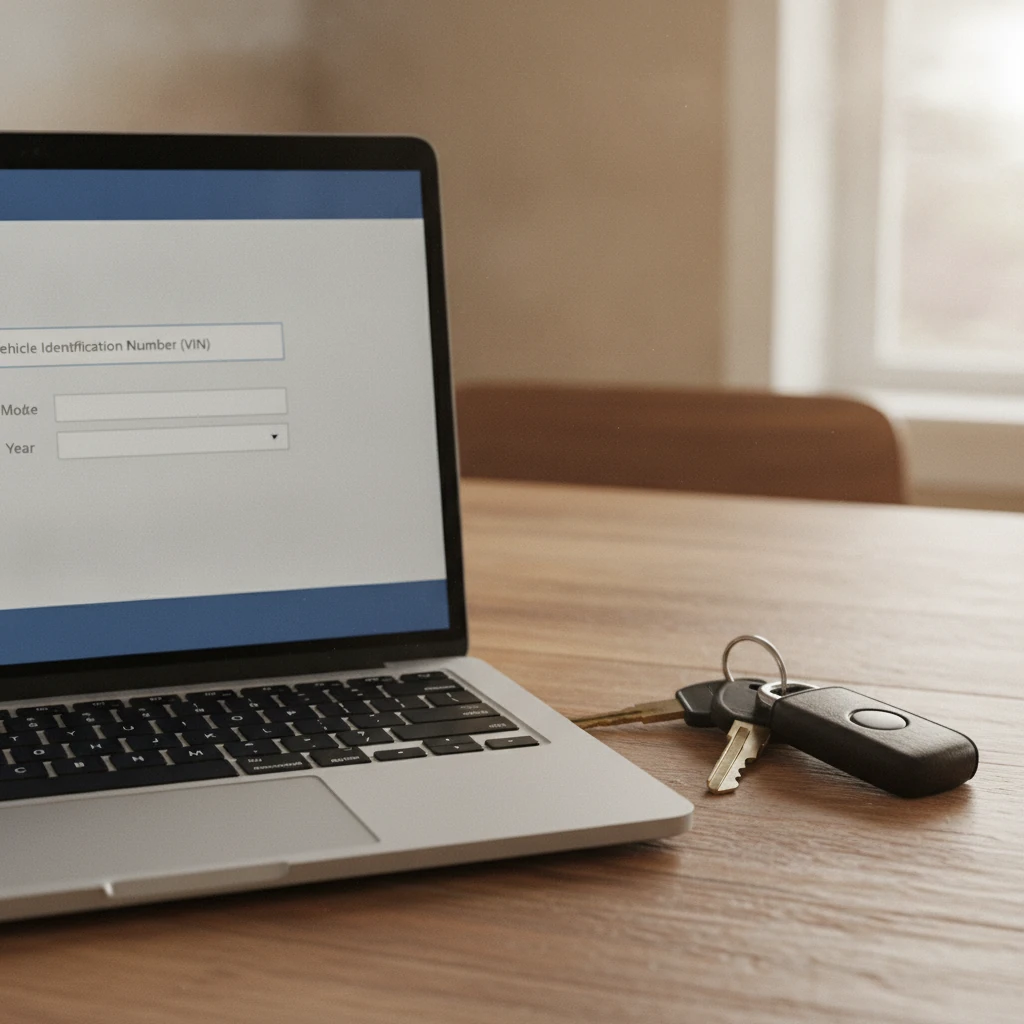 a laptop on a kitchen table open to a vehicle lookup form with truck keys beside it