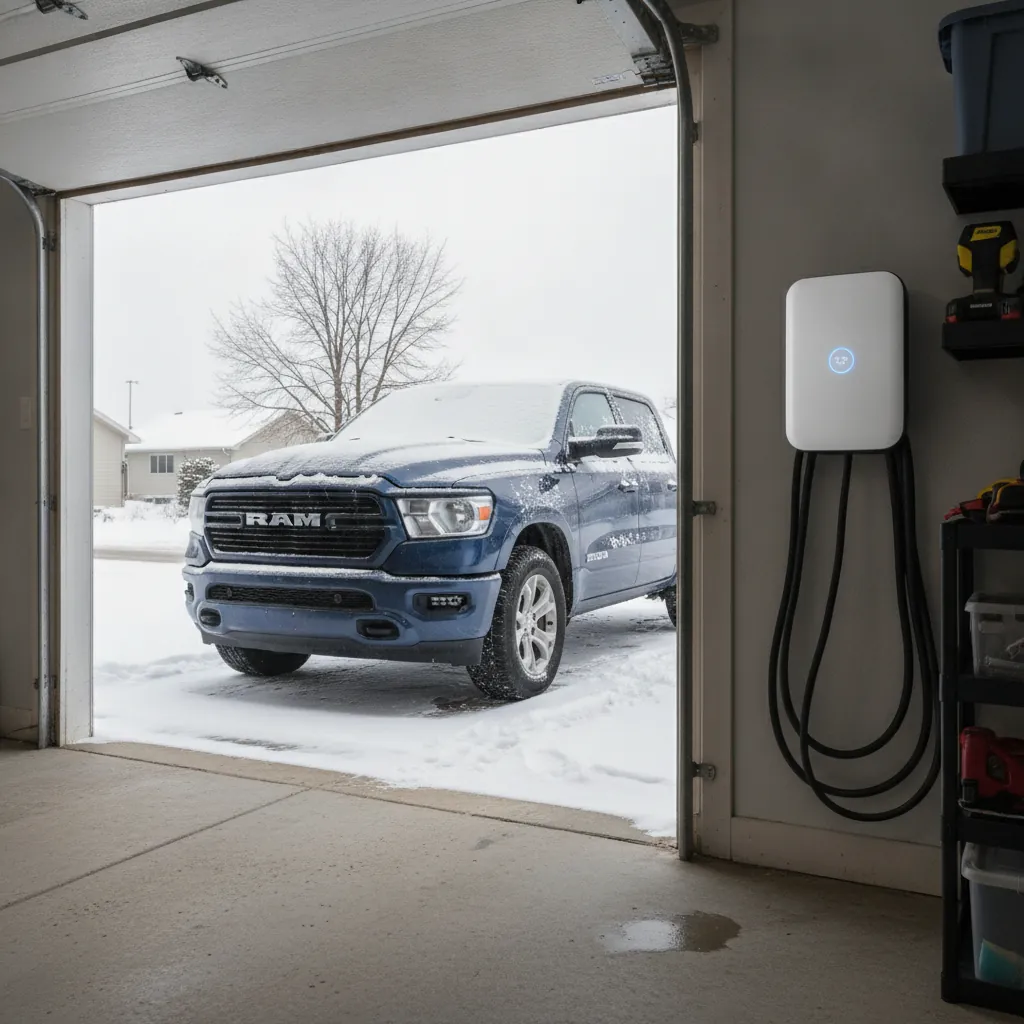 wall mounted home electric vehicle charger in a Manitoba garage in winter