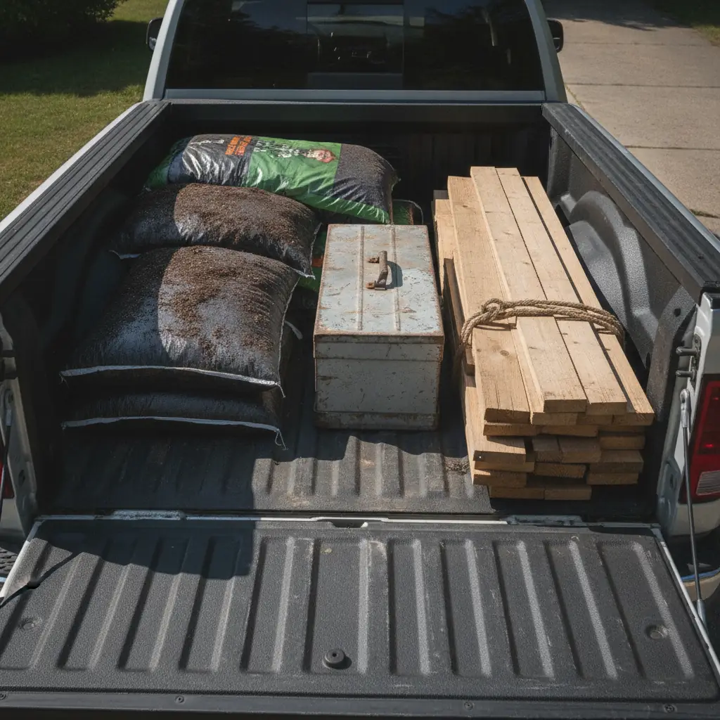 pickup truck box loaded with bagged soil, lumber and a toolbox