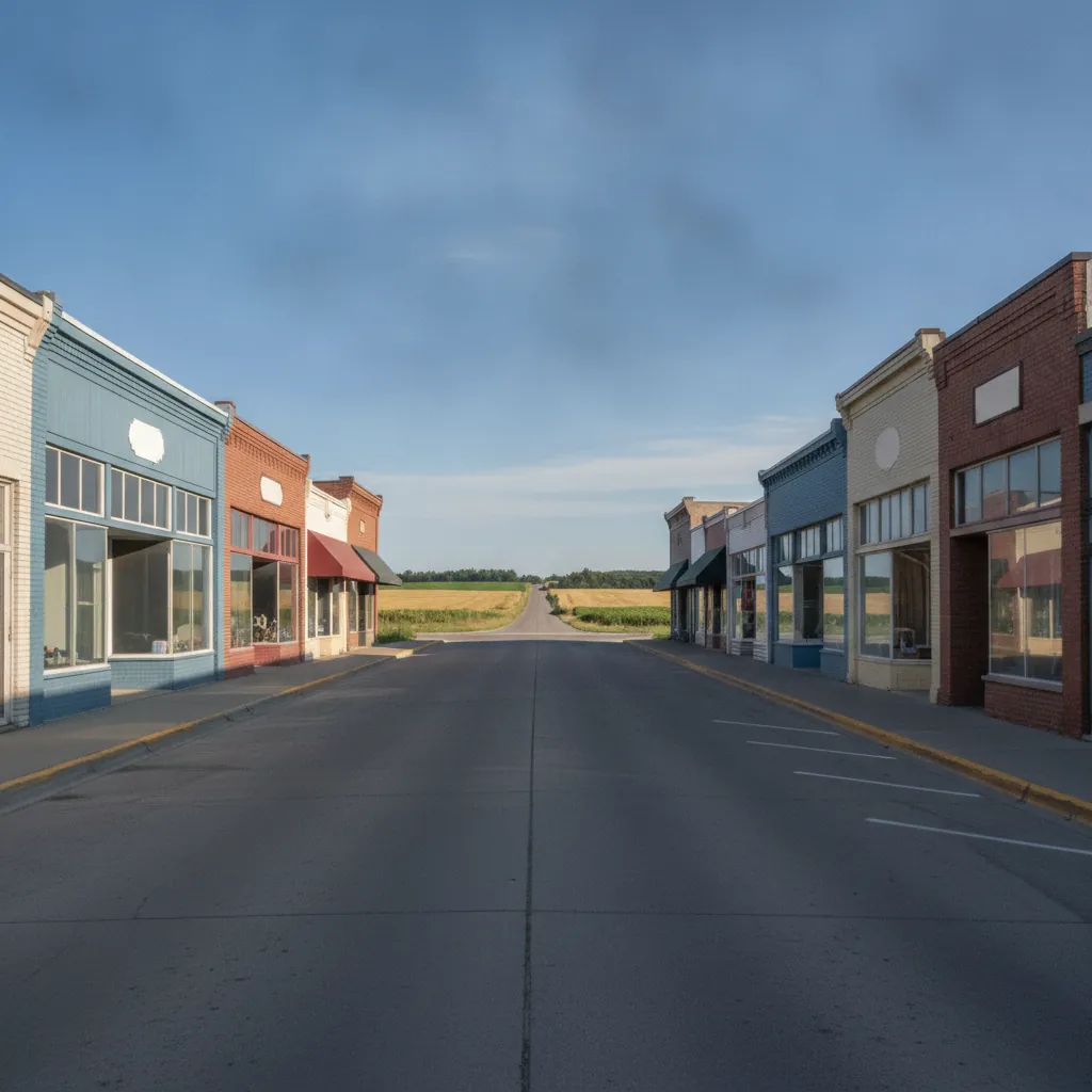a quiet small town main street in Manitoba under a clear sky