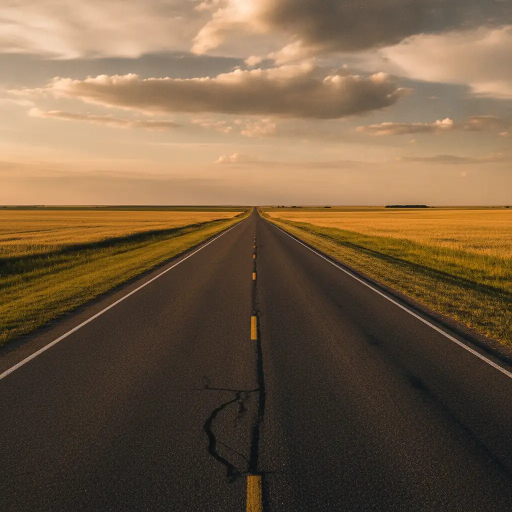 empty straight two lane prairie highway stretching to the horizon across Manitoba farmland