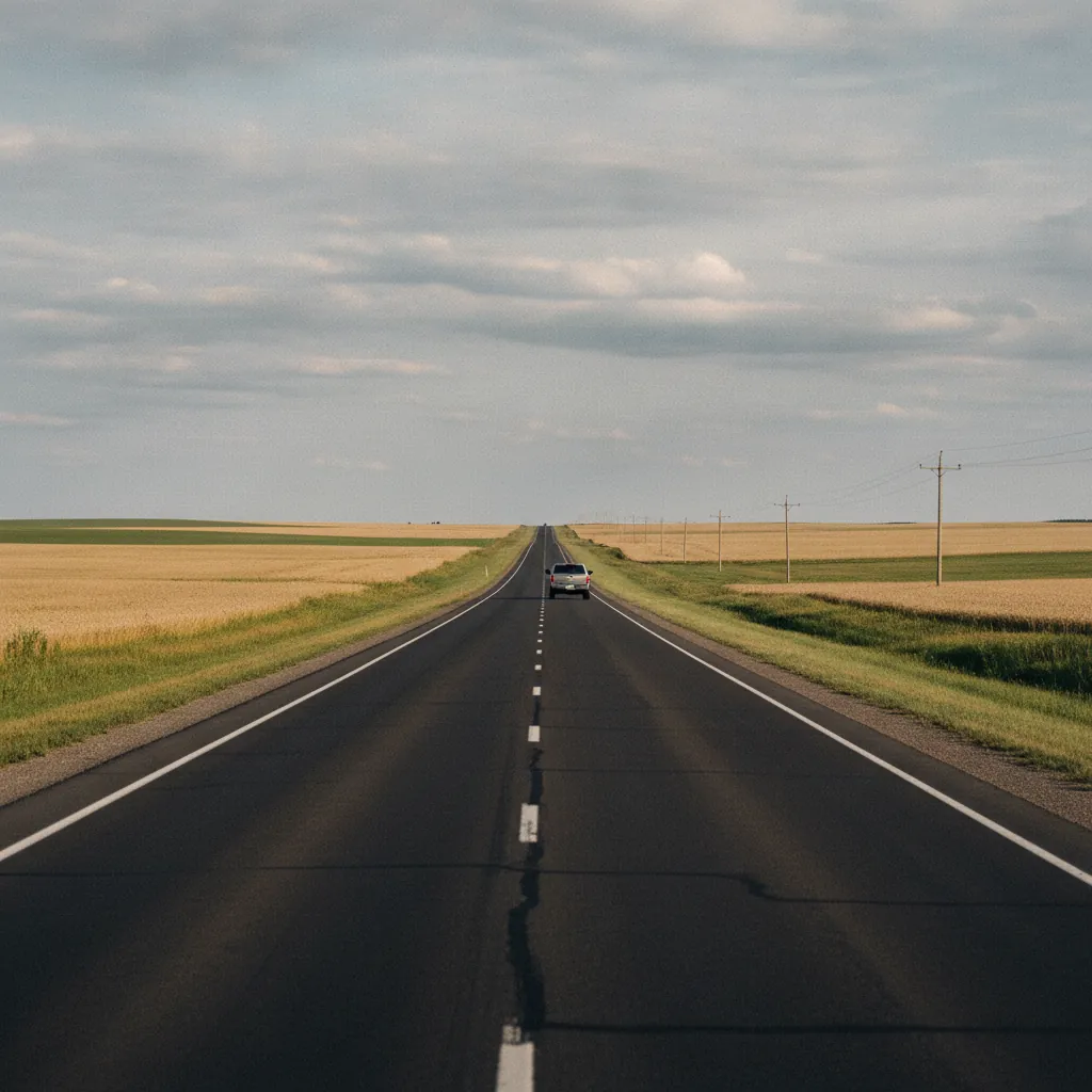 an open prairie highway stretching toward the horizon in Manitoba