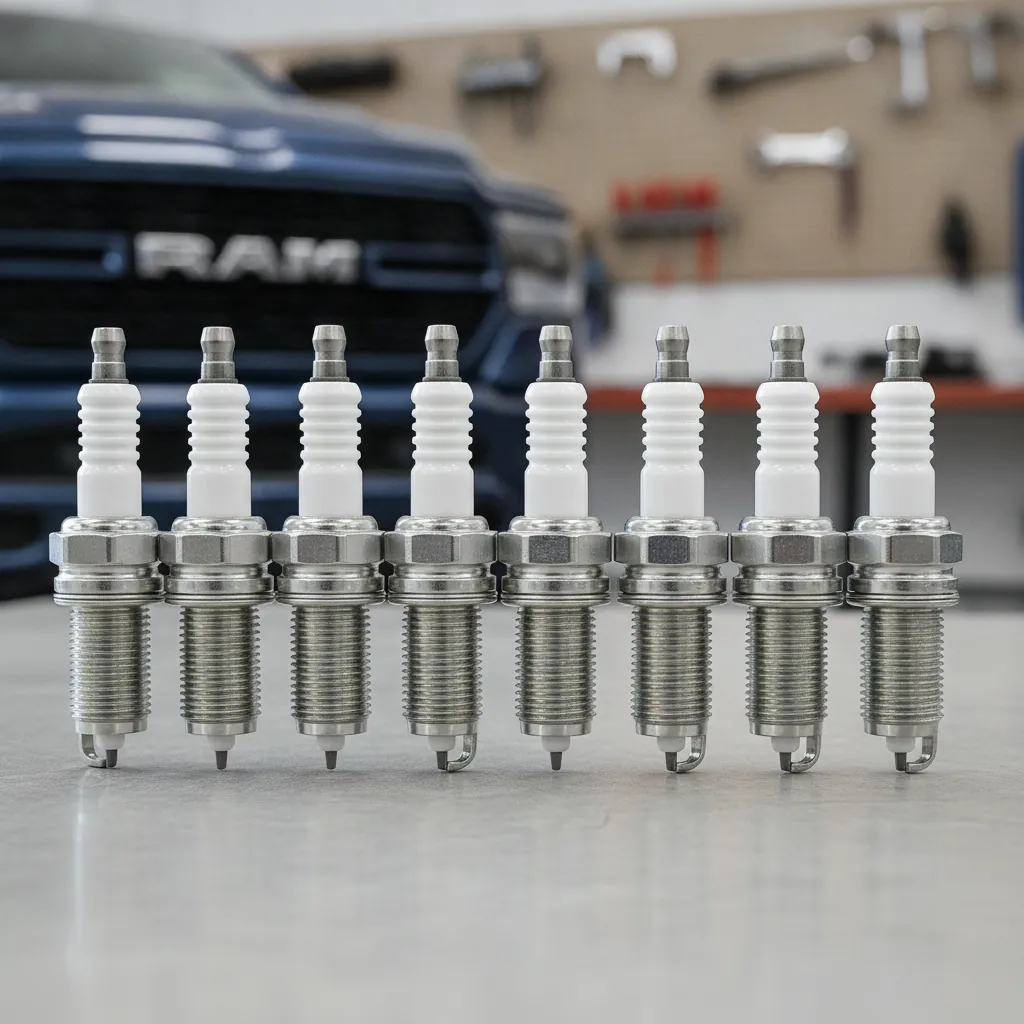 a row of new spark plugs standing on a clean workshop bench