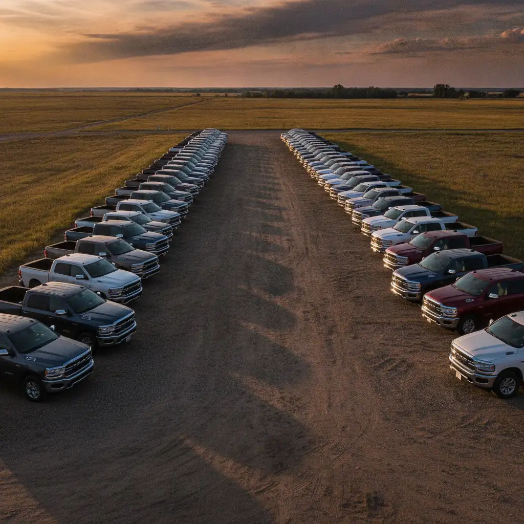 row of pickup trucks parked on a prairie dealership lot at golden hour