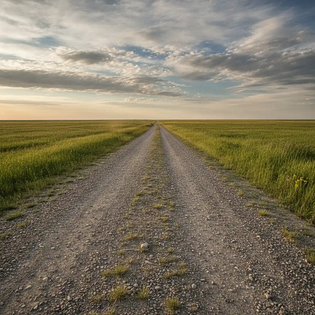 a gravel farm road running through prairie fields under a wide sky