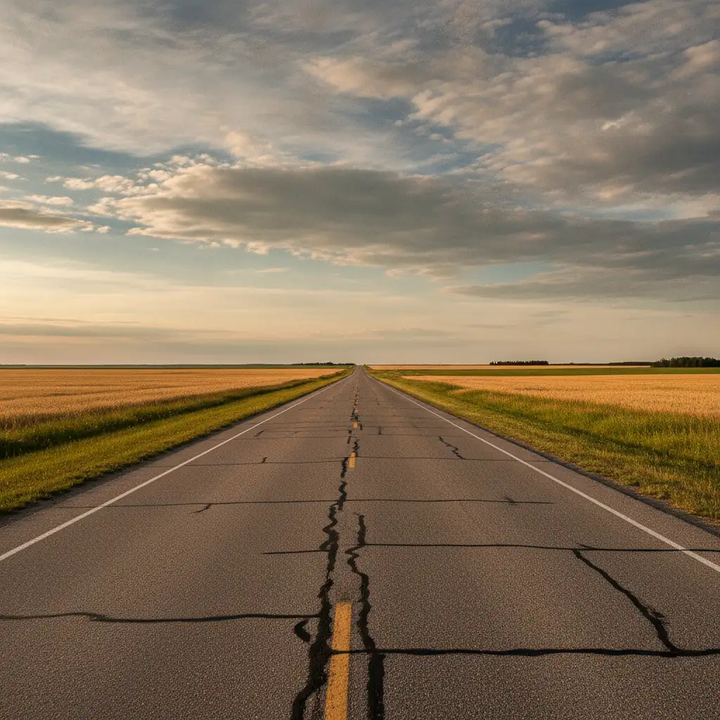 straight two lane prairie highway stretching to the horizon across open Manitoba farmland