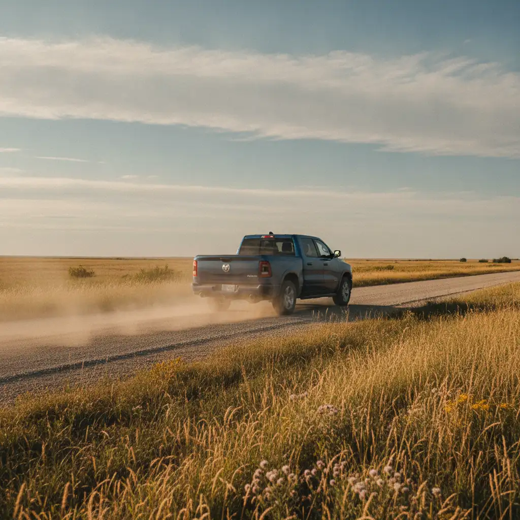 full size Ram 1500 pickup driving on a prairie gravel grid road in summer