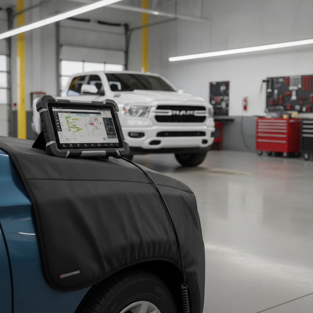 factory diagnostic scan tool on a fender cover in a clean service bay