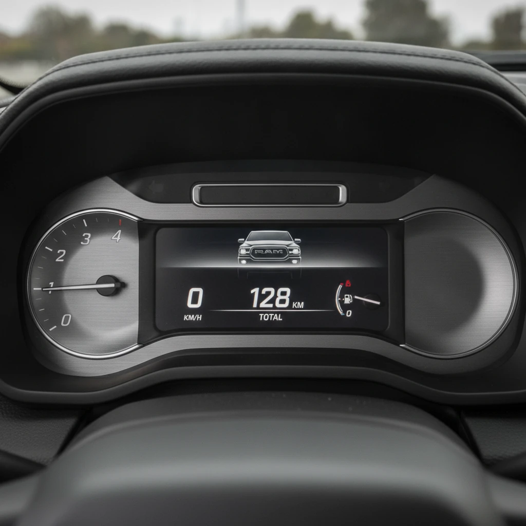 a clean vehicle dashboard and odometer display showing low kilometres