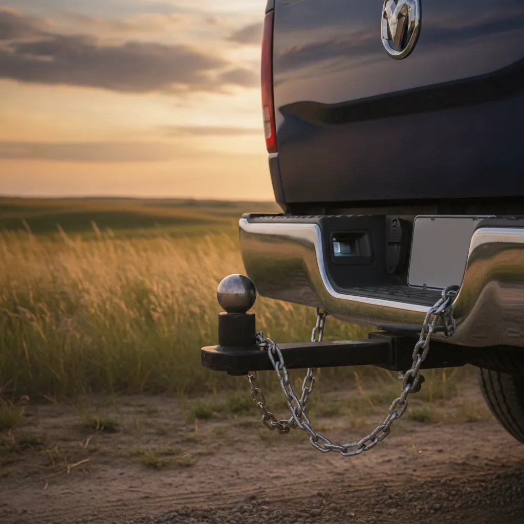 trailer hitch ball mount and crossed safety chains behind a Ram pickup bumper