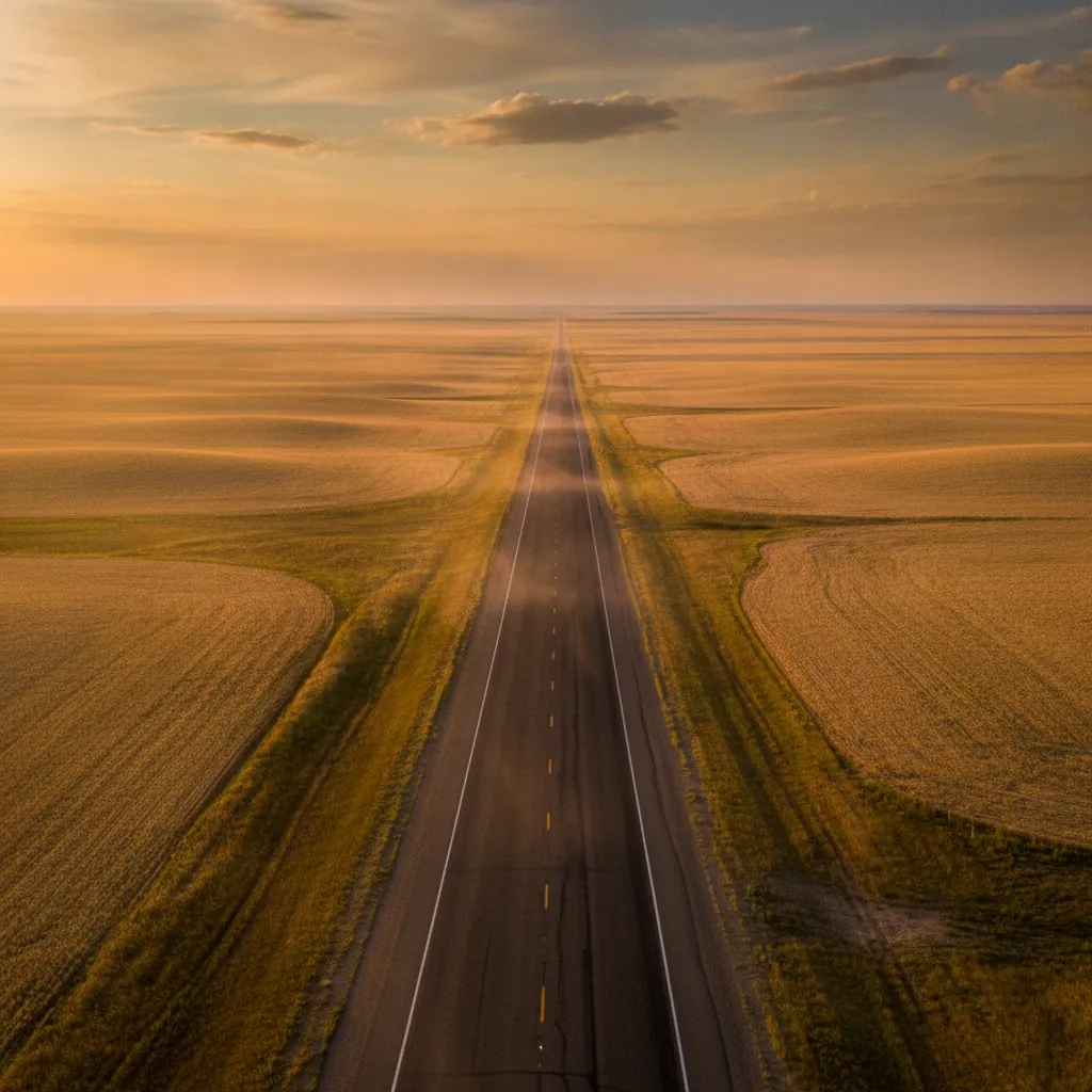 an empty stretch of the Trans Canada Highway crossing open Manitoba prairie