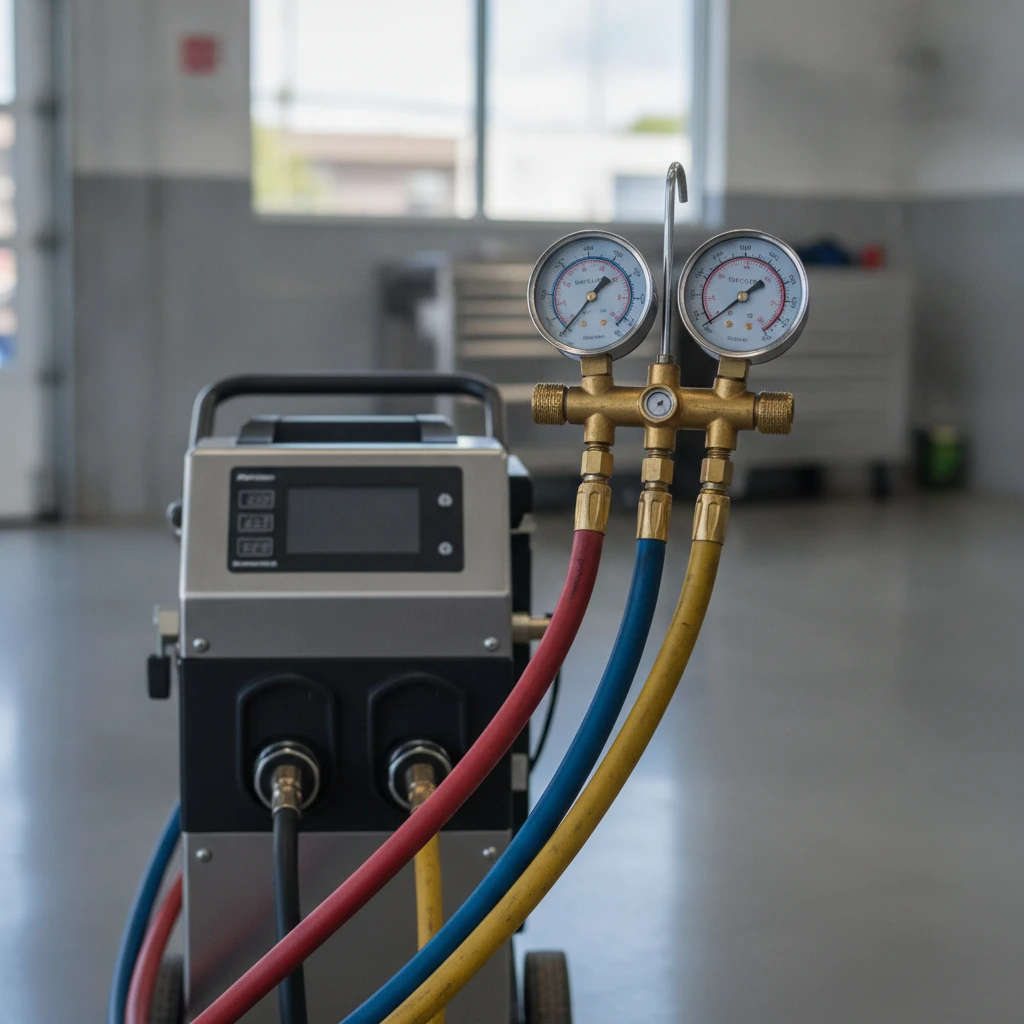 air conditioning service machine with manifold gauge hoses in a clean service bay