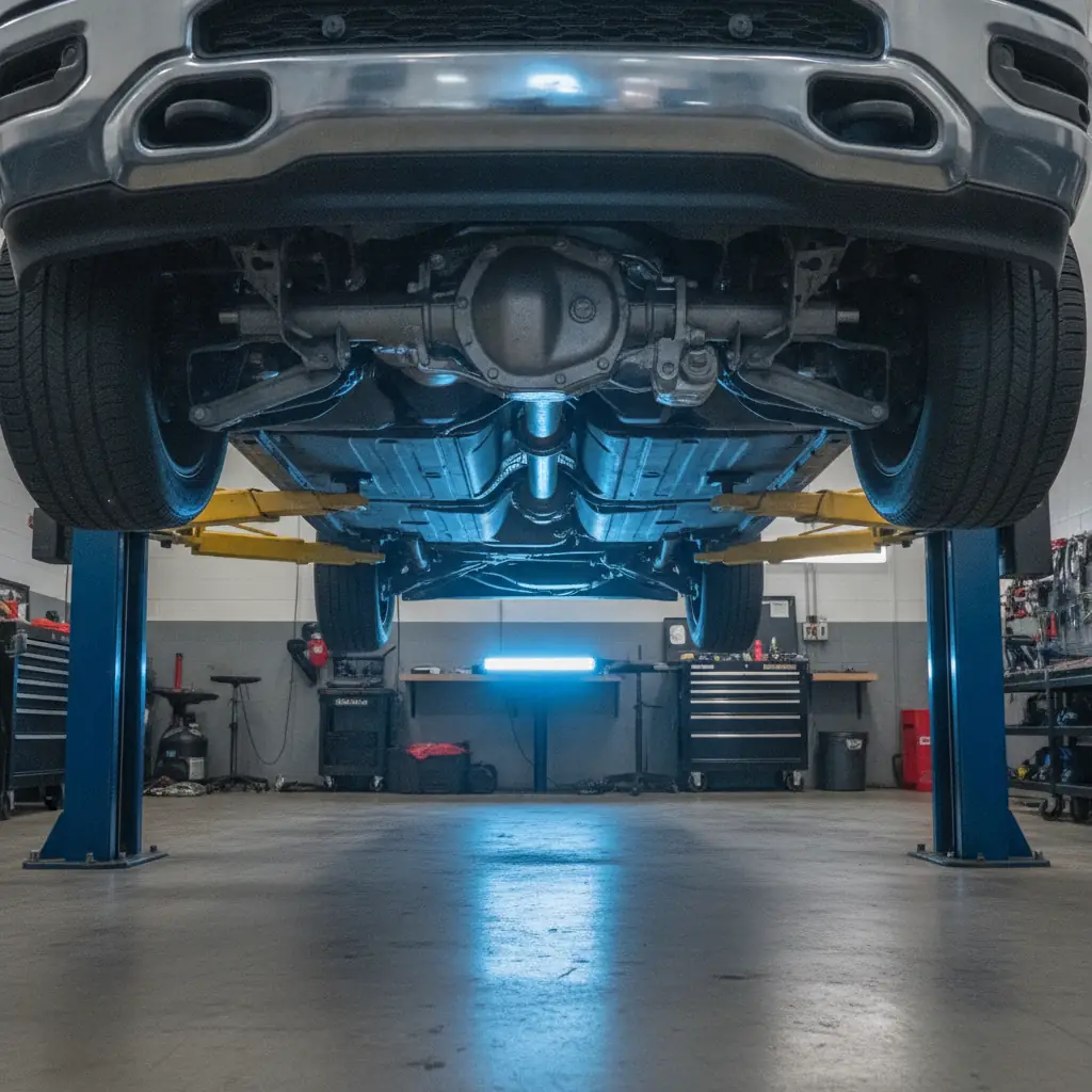 underside of a truck on a hoist showing the driveshaft, transfer case, and front differential