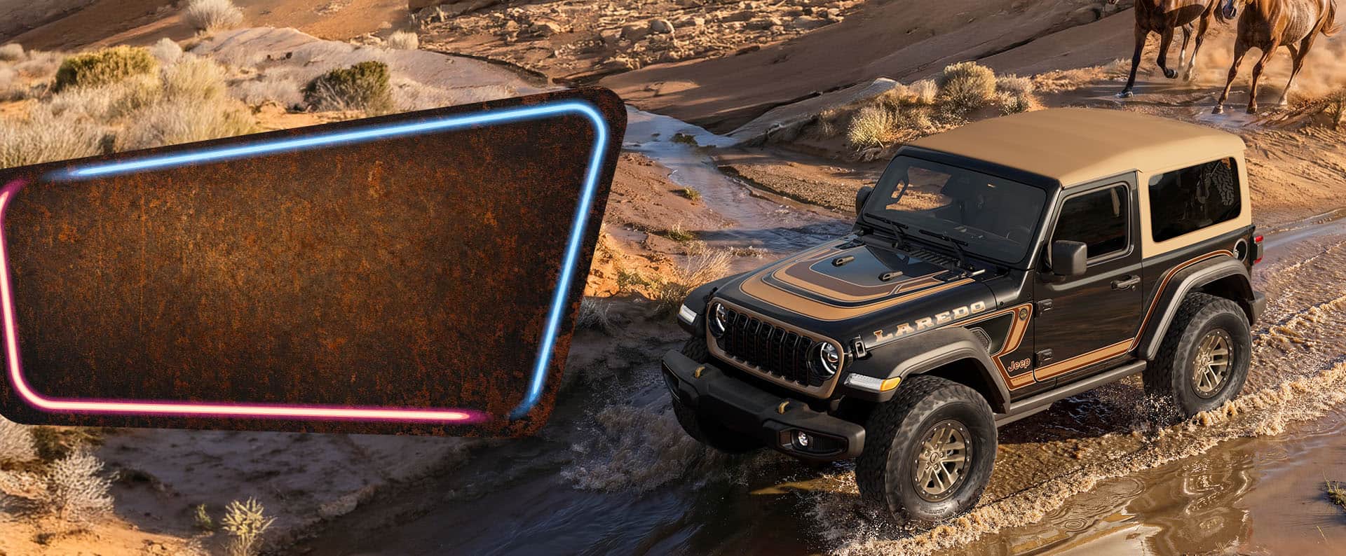2027 Jeep Wrangler Laredo with tan soft top crossing a shallow creek