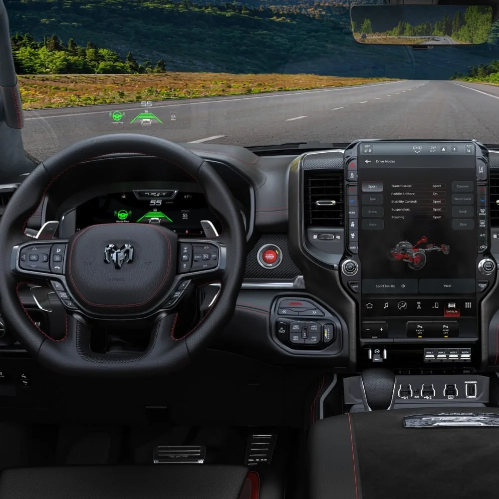 2027 Ram 1500 TRX cockpit with the digital cluster, 14.5 inch touchscreen drive modes and head up display