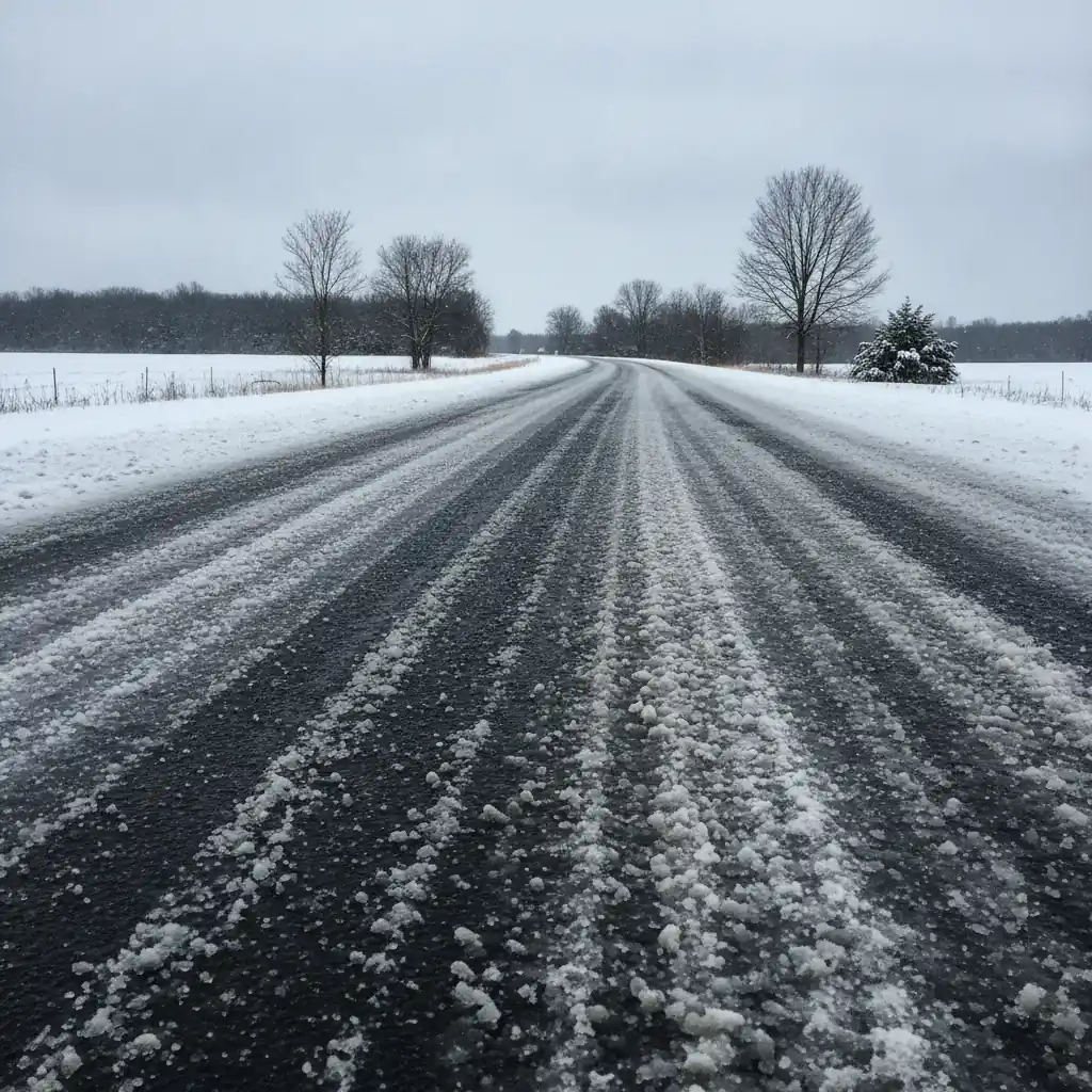 a slush and brine covered prairie highway on a grey winter day