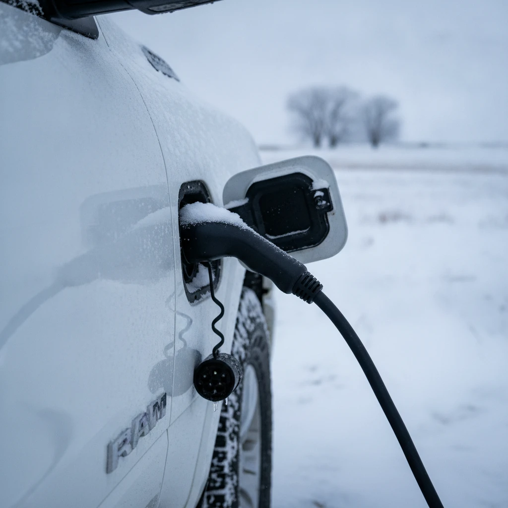 charging cable plugged into the charge port of a Ram pickup in winter
