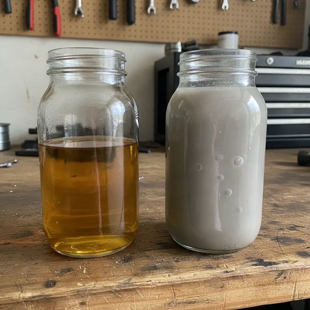 clean amber gear oil beside milky grey water contaminated gear oil in two jars