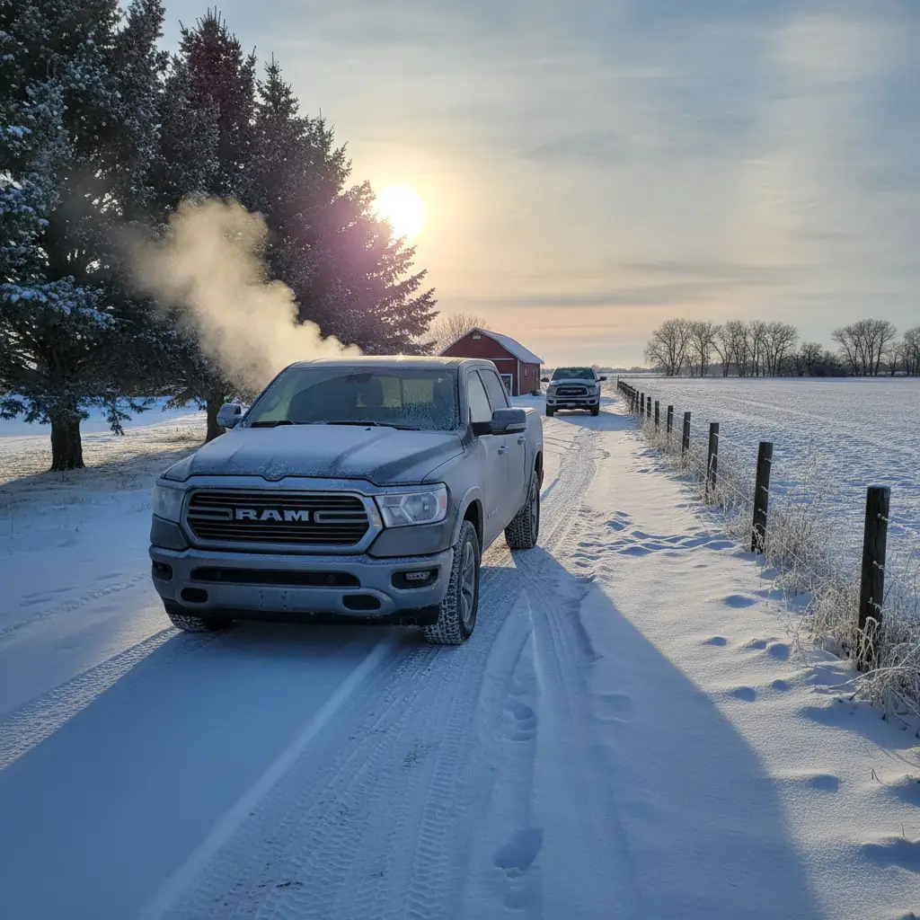 a truck parked in a snow covered prairie driveway on a very cold clear winter morning