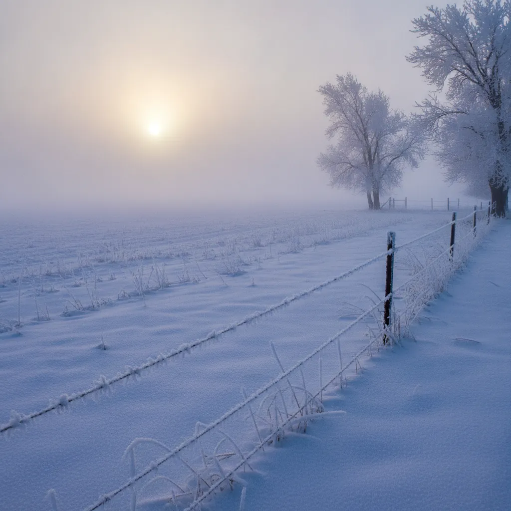 heavy hoar frost on a fence line and ice fog over a field at first light on a cold prairie morning