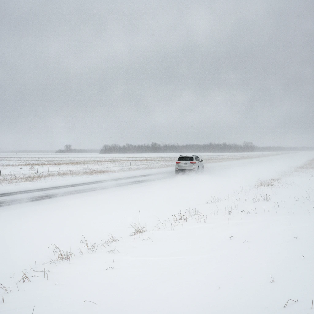 Jeep Grand Cherokee SUV driving on a snowy prairie highway in winter