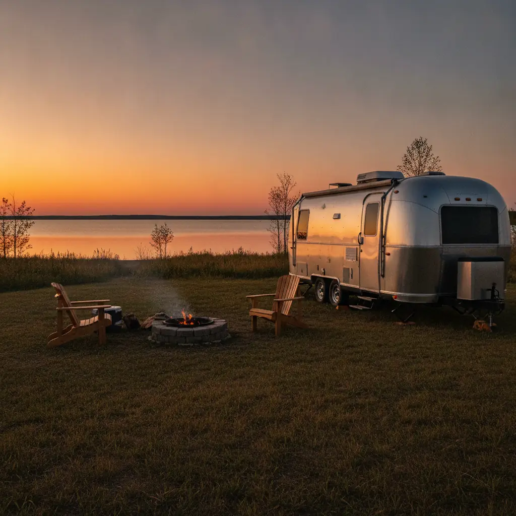 travel trailer parked at a quiet Manitoba lakeside campsite at dusk