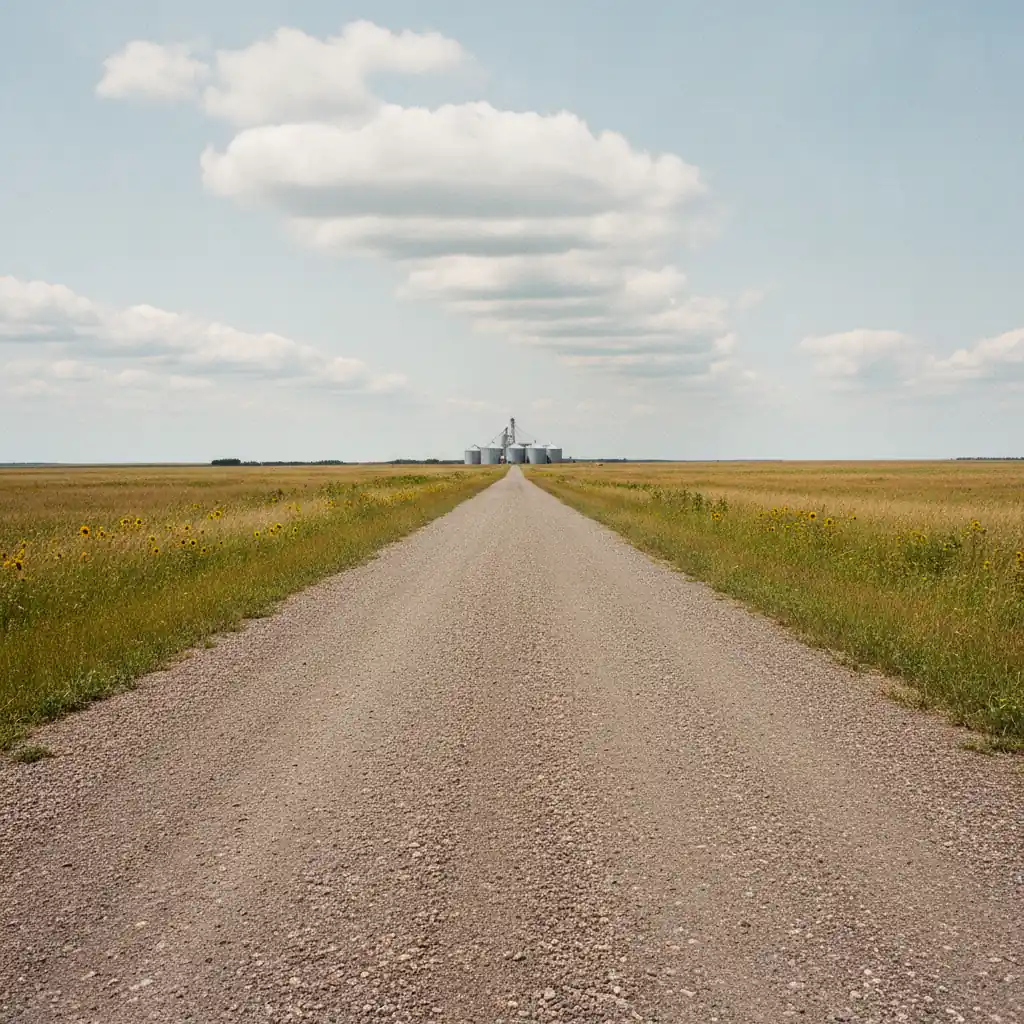 flat gravel prairie approach road heading toward grain bins on the horizon