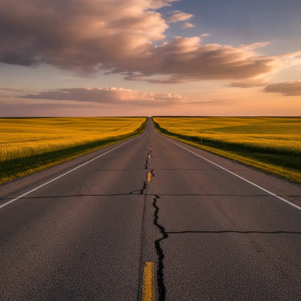 empty two lane prairie highway running to the horizon between canola fields at golden hour