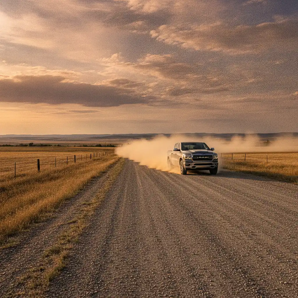 full size Ram 1500 pickup driving on a dusty prairie gravel road in late summer