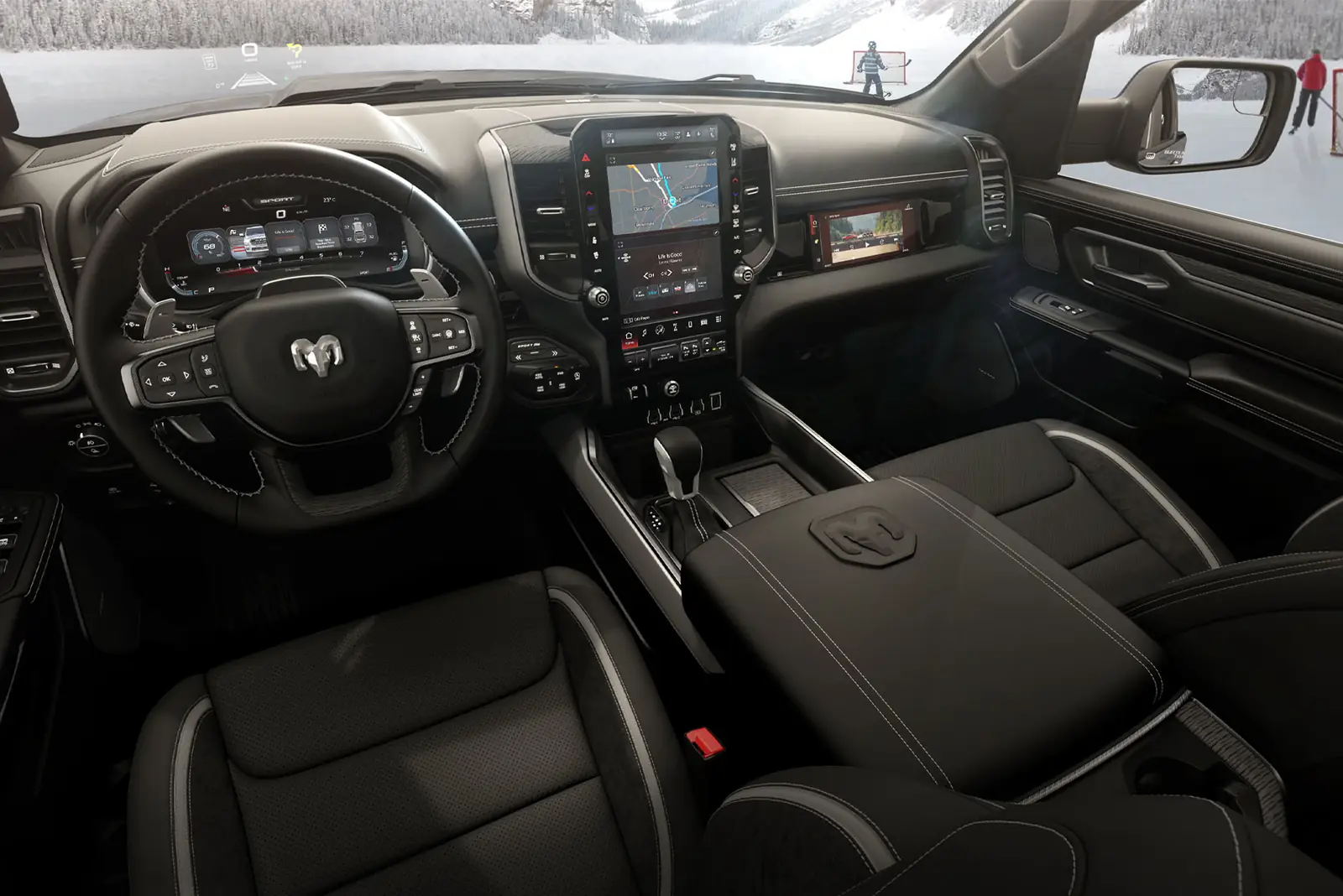 Ram 1500 Sport dashboard and front cabin with SPORT in the cluster