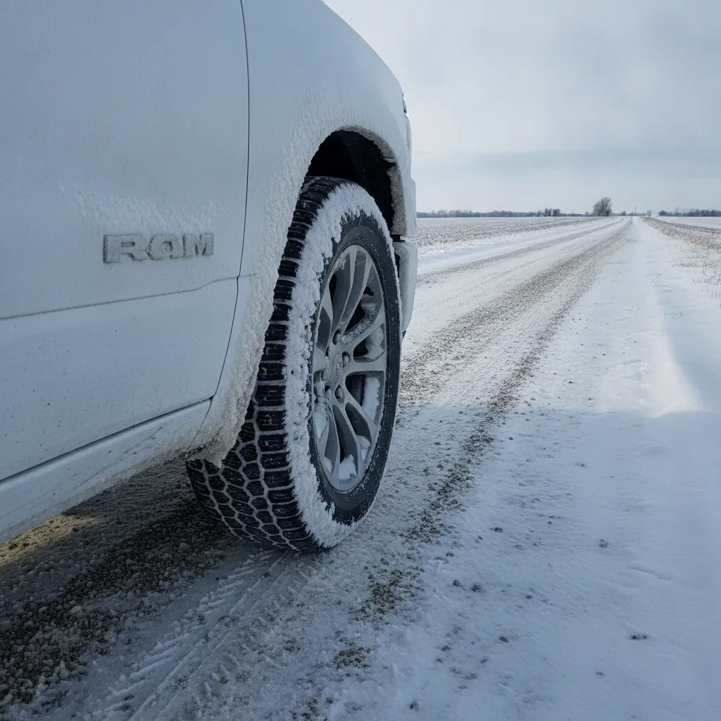 snow packed winter tire and wheel well of a Ram 1500 on a Manitoba gravel road