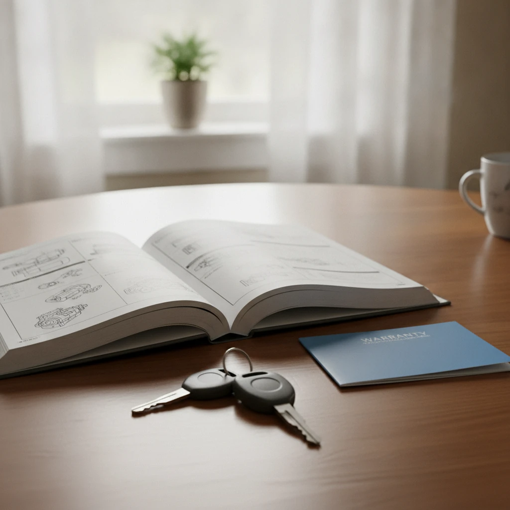 a vehicle owner manual and warranty booklet open on a table beside a set of truck keys