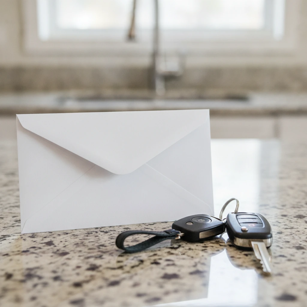 an unopened letter and vehicle keys on a kitchen counter