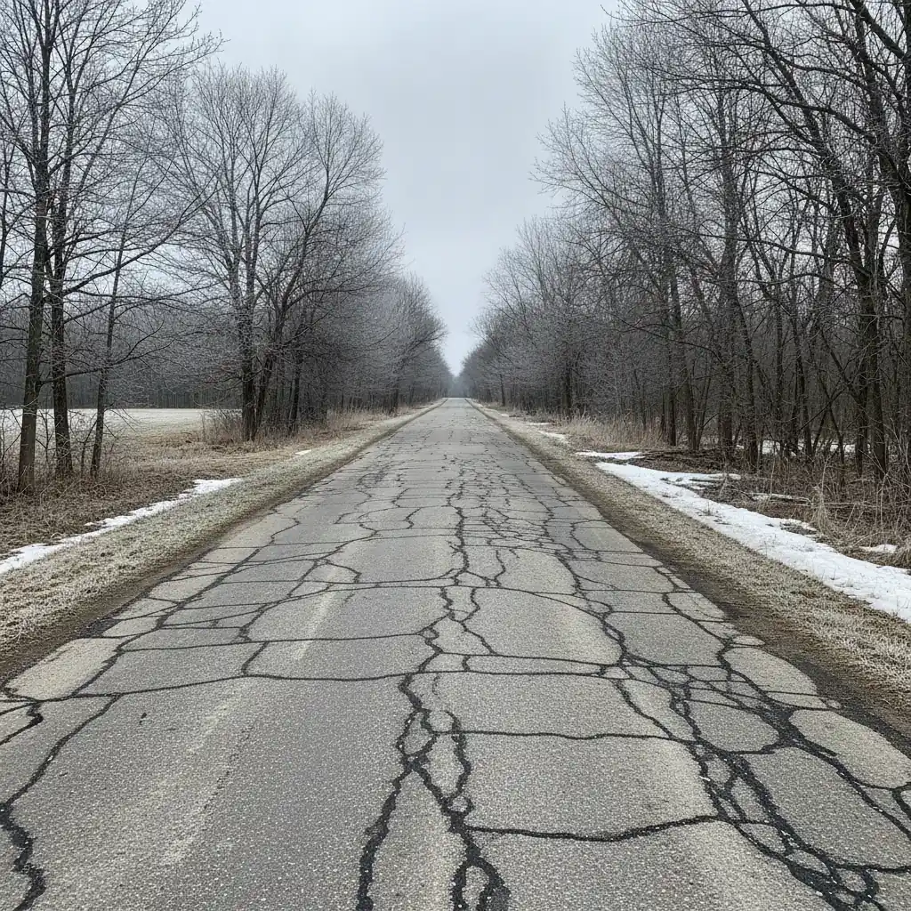 rural paved road with frost heave cracks and a buckled surface in early spring