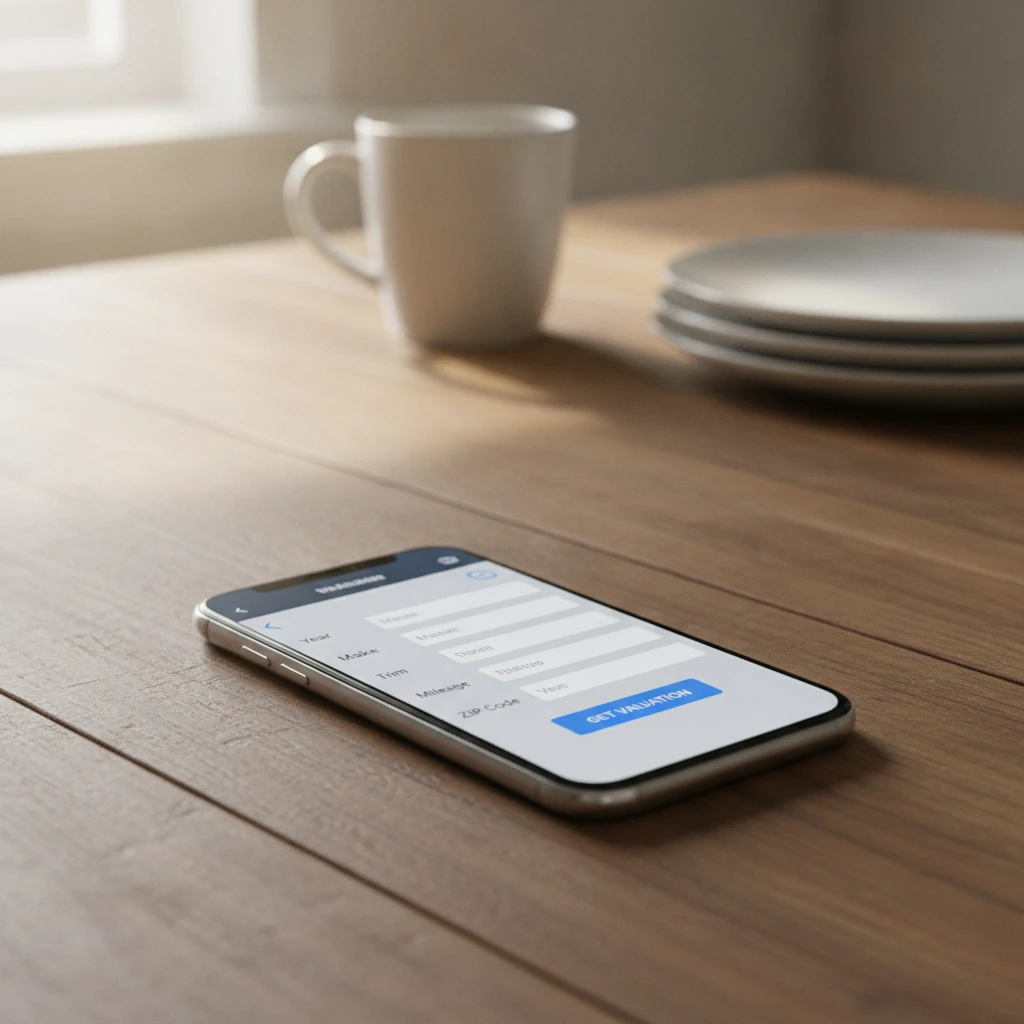 a smartphone showing an online vehicle valuation form on a kitchen table
