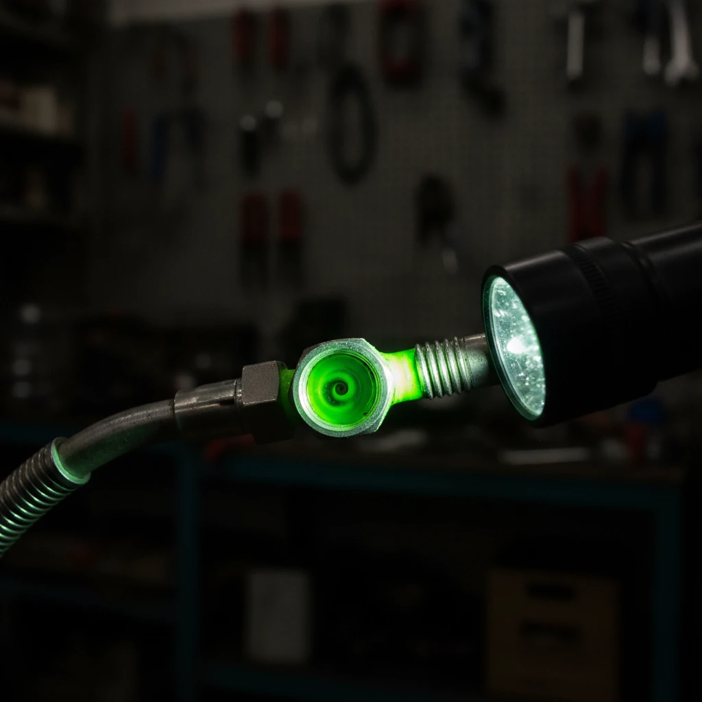 ultraviolet light revealing green leak detection dye at an air conditioning line fitting
