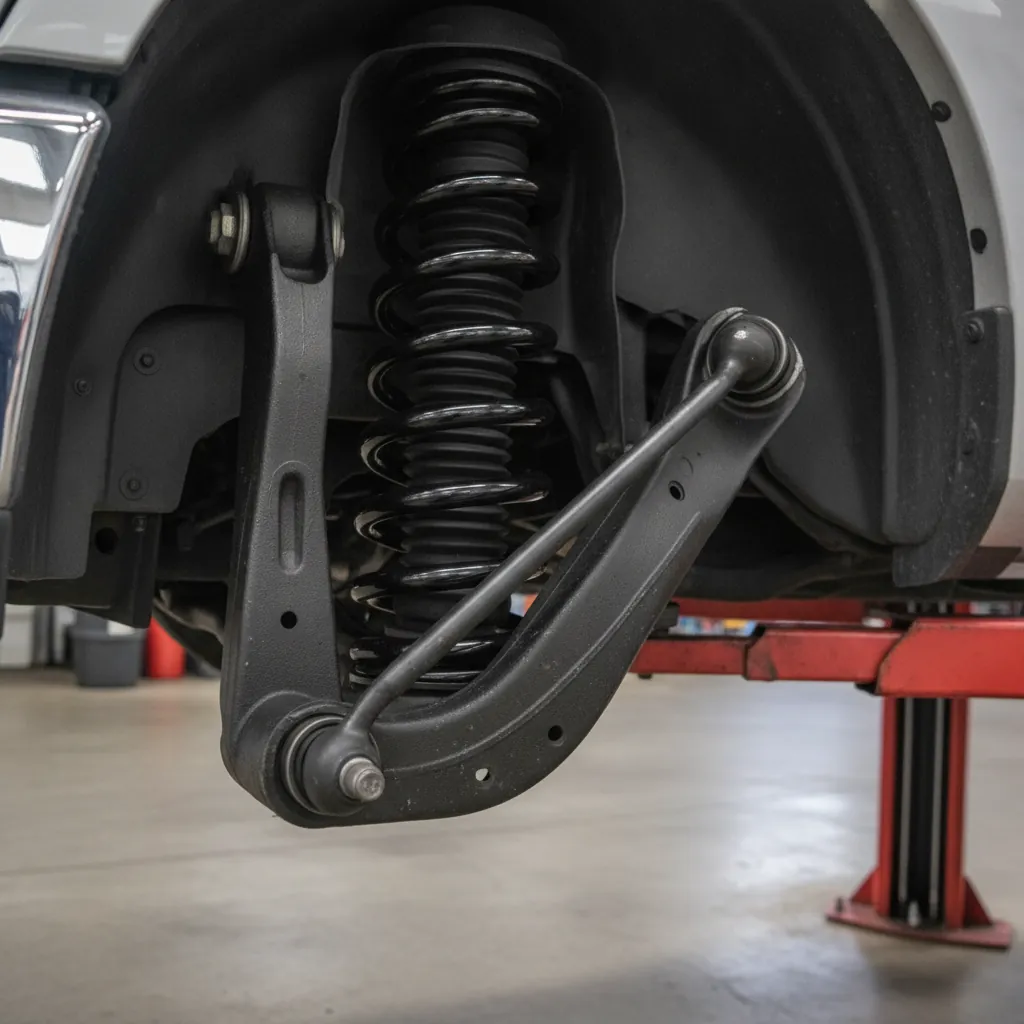 underside view of a truck front suspension showing control arms, coil spring and tie rod end