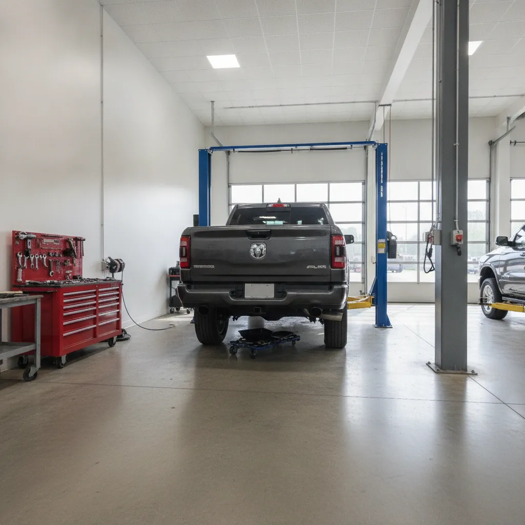 a truck raised on a hoist in a bright dealership service bay