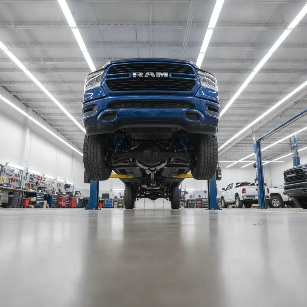 full size pickup truck raised on a hoist in a service bay showing the frame and rear suspension