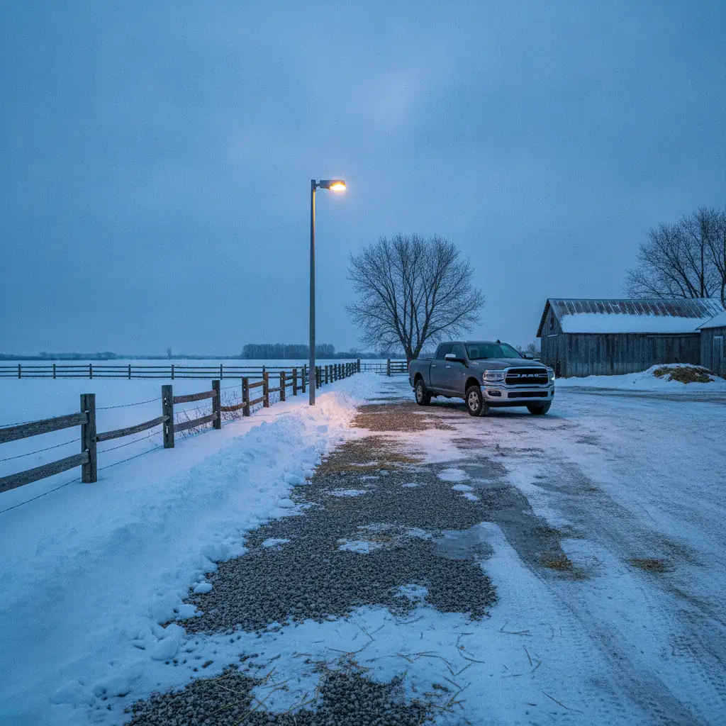 snow drifted farmyard driveway at dawn with a yard light glowing over empty parking spots